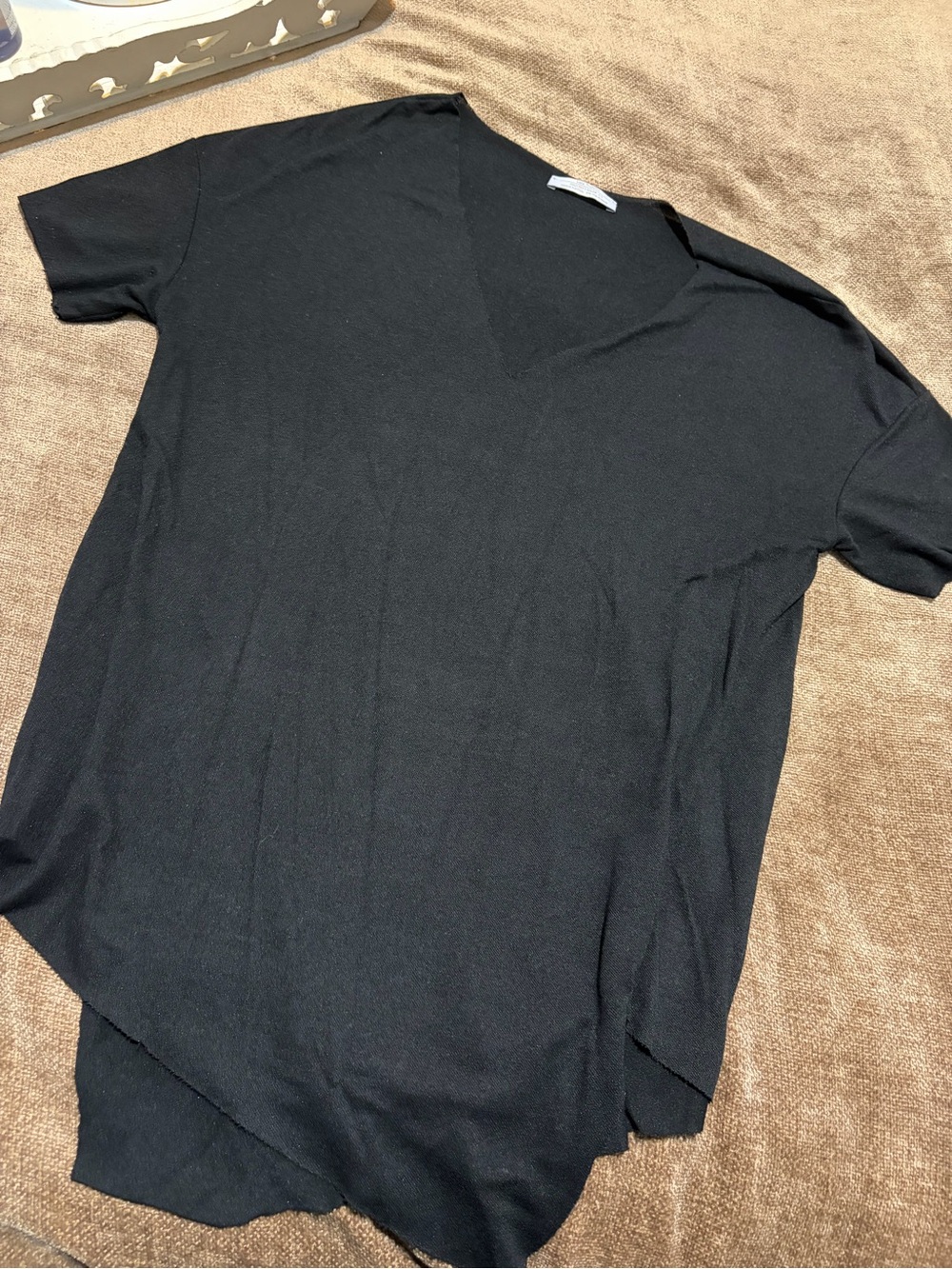 Zara Raw Hem Black V-Neck Short Sleeve Shirt